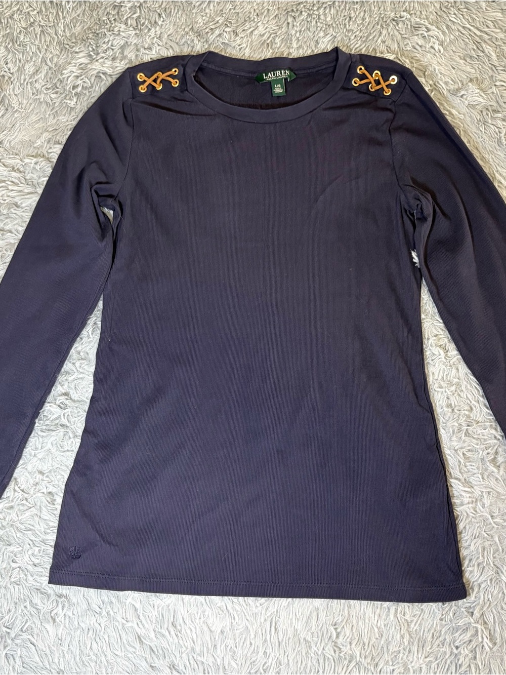 Lauren Ralph Lauren Navy Long Sleeve Top with Gold Eyelet Lacing